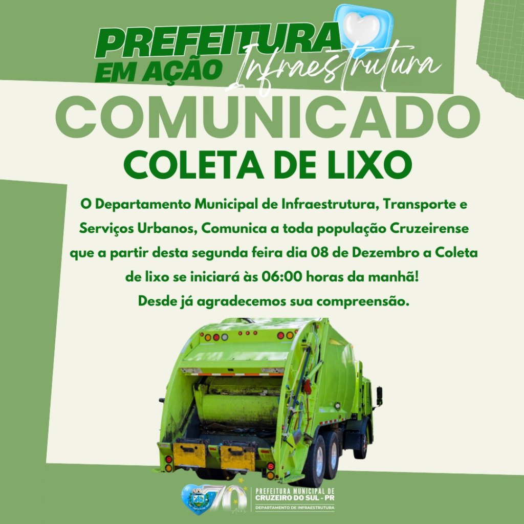 Coleta de lixo em Cruzeiro do Sul passará a iniciar às 6h a partir de 8 de dezembro